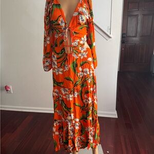 Zara Orange Floral Tie-Front Maxi Dress size Large